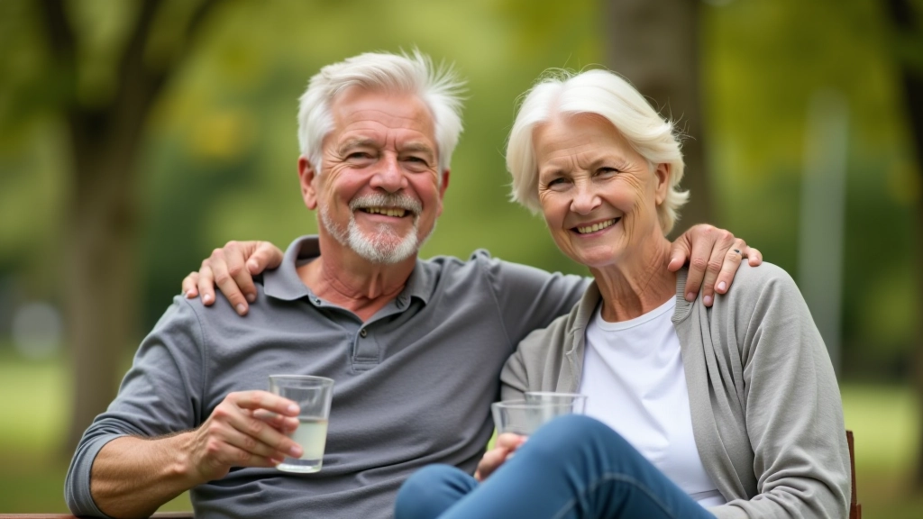Casal a descansar após exercício, sentados ao ar livre, bebendo água, sorrindo