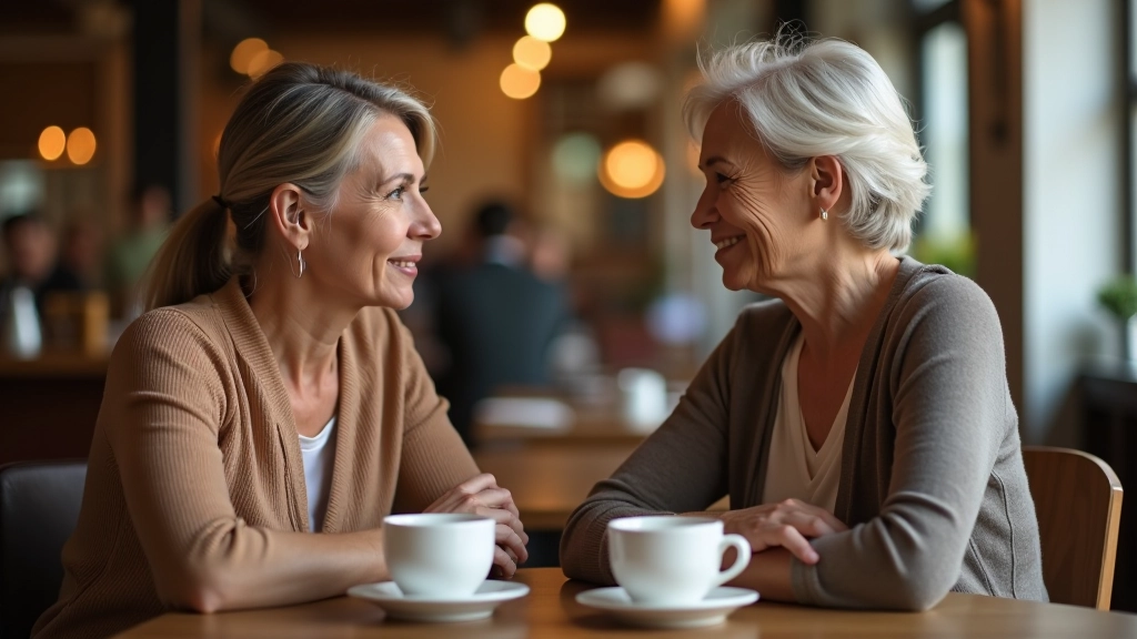 Duas mulheres conversando respeitosamente, mesa entre elas, café, expressões calmas e atentas