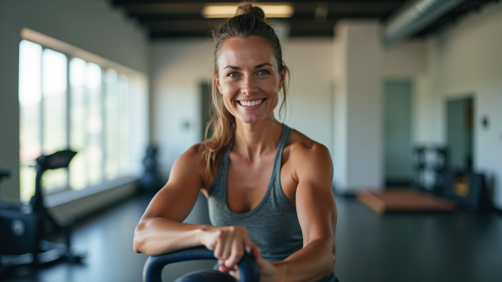 Mulher de meia-idade a fazer treino de força com kettlebell numa sala de ginásio bem iluminada