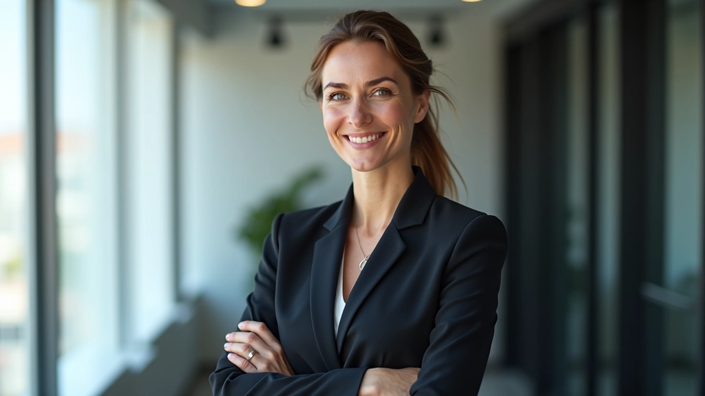 Mulher profissional aos 50 anos, confiante com braços cruzados, numa sala de reunião moderna com luz natural