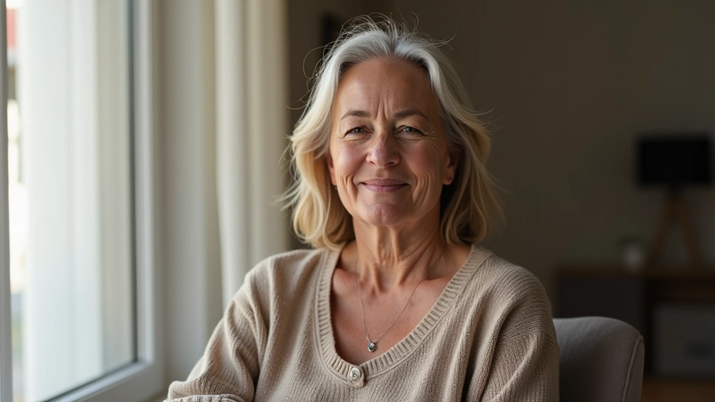 Mulher madura num espaço calmo, janela natural, luz suave, expressão reflexiva, ambiente acolhedor